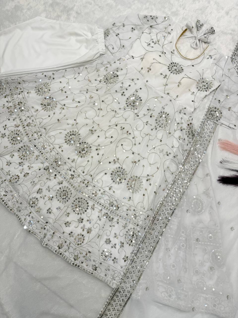 Pristine Ivory Mirror-Work Anarkali